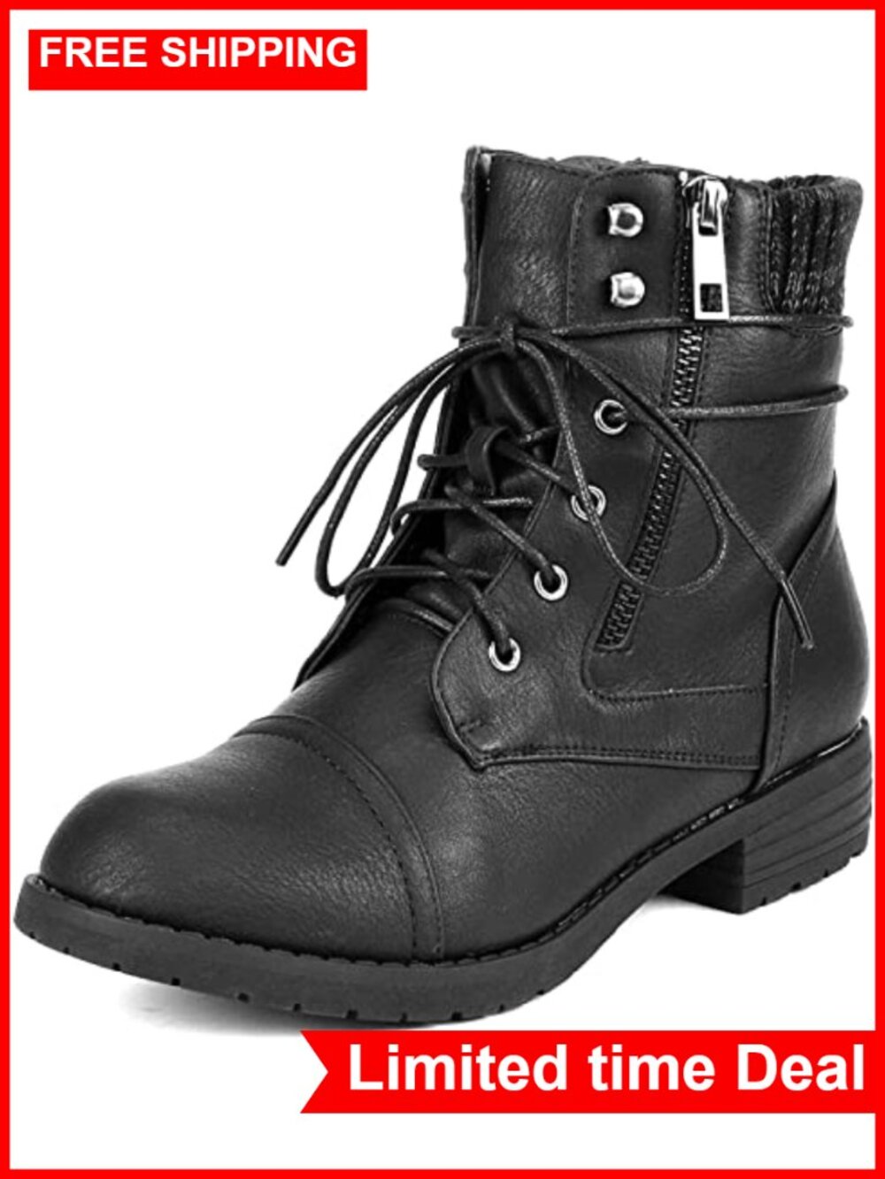 Lace Up Combat Boots Ankle Booties Faux Leather Low Heel